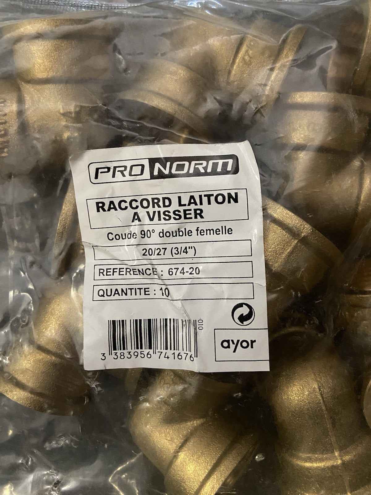 Raccord laiton à visser coude 90 double femelle ProNorm (sachet de 10)