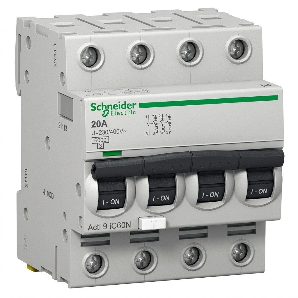 Disjoncteur Tétrapolaire 3P+N 20A Schneider Electric DT40 (Réf 21066)