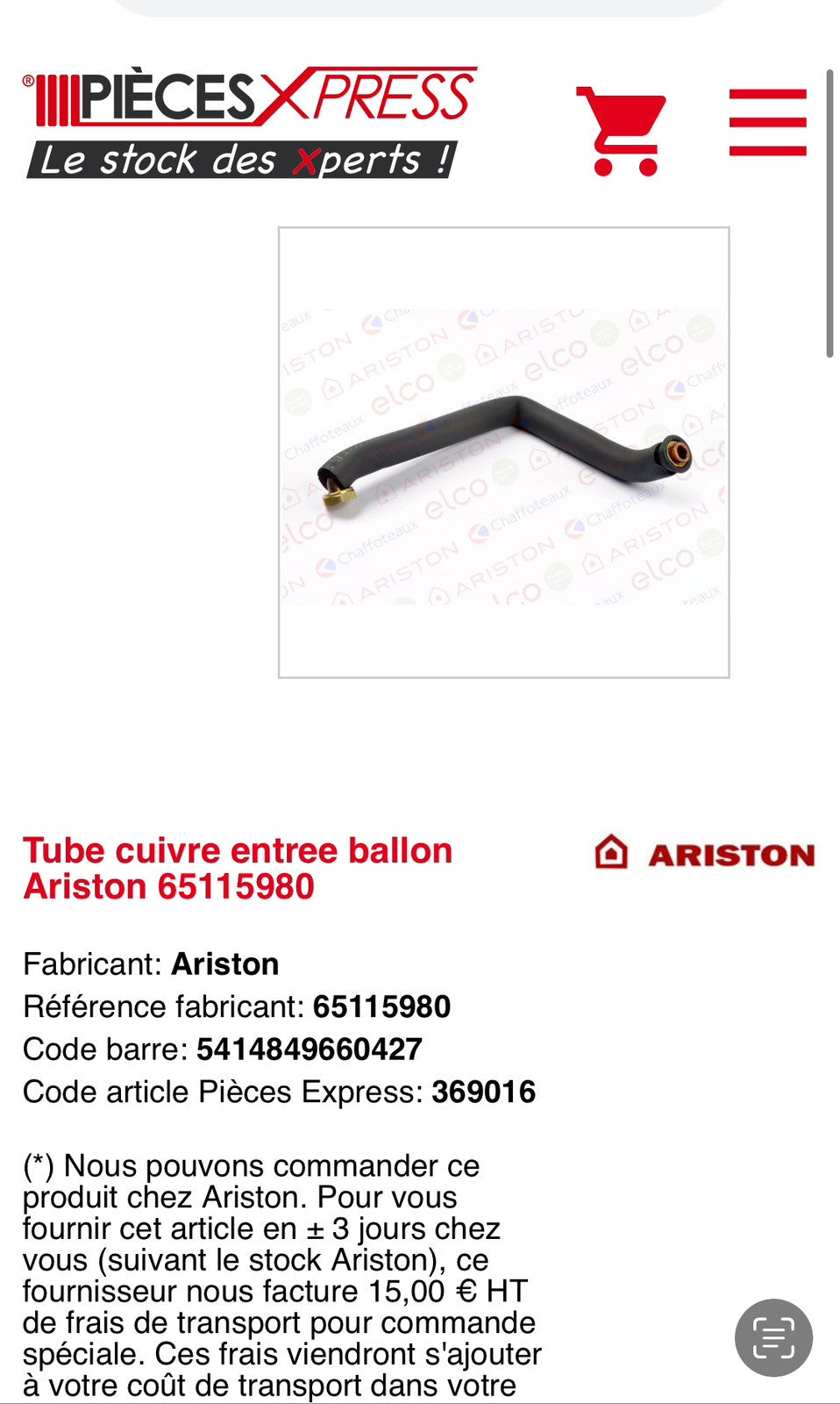 Tube cuivre entree ballon Ariston 65115980