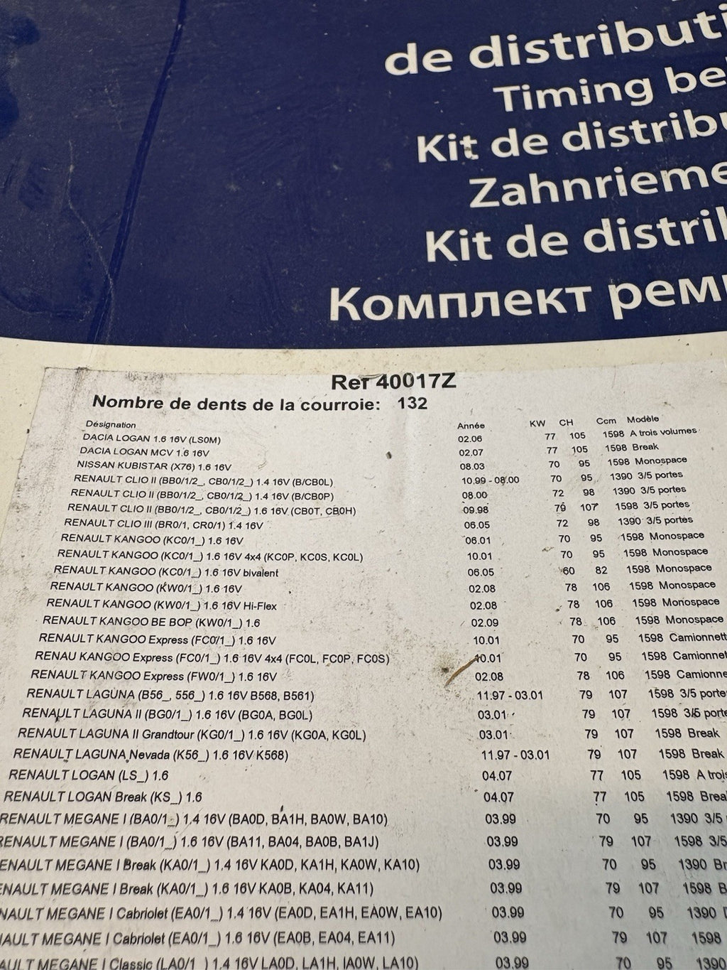 Kit distribution Renault Ref 40017e Mégane.clio,kangoo ect…
