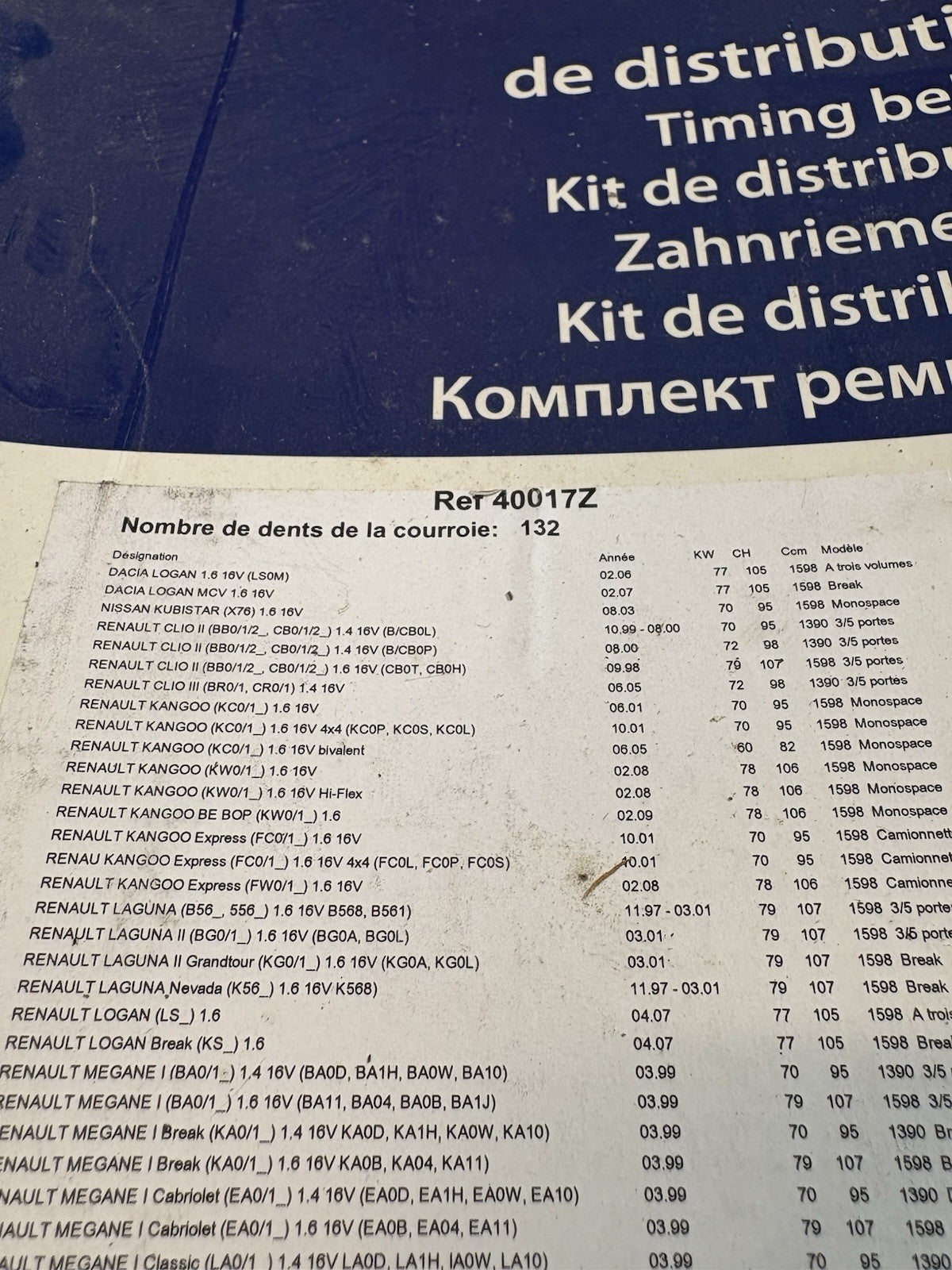 Kit distribution Renault Ref 40017e Mégane.clio,kangoo ect…