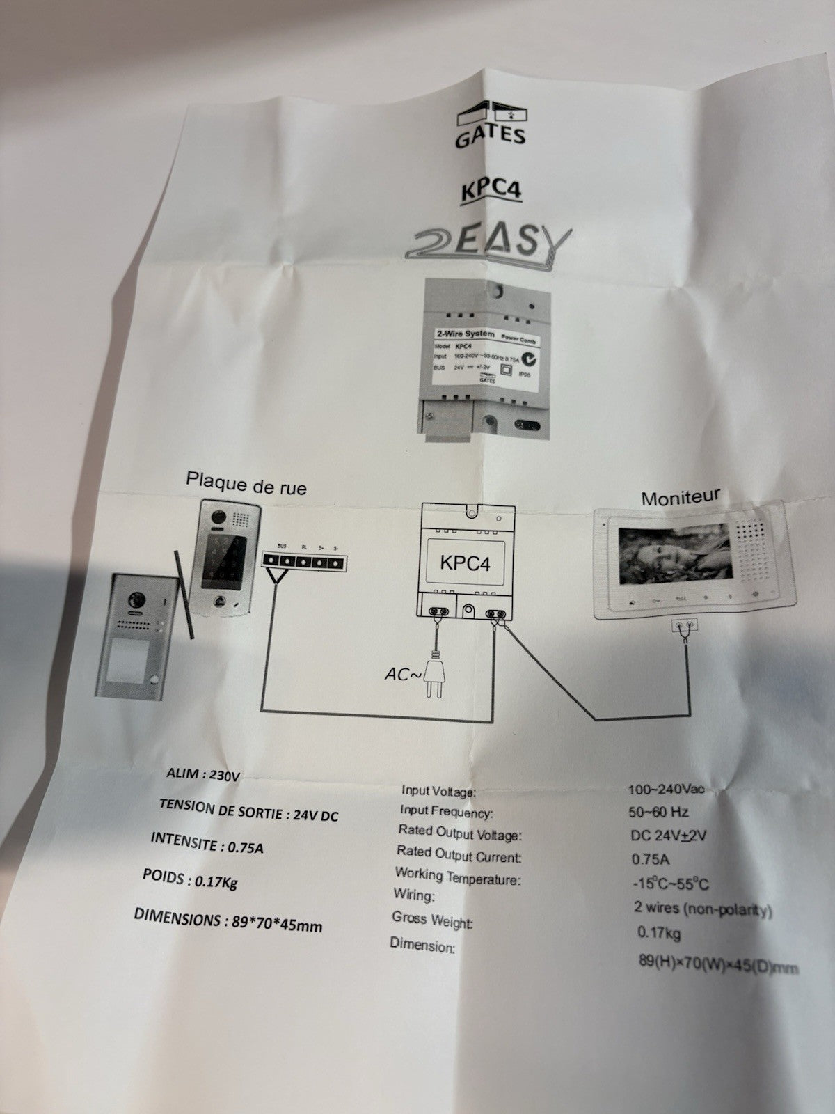 Module d alimentation pour visiophone kpc4 2-wire systèm