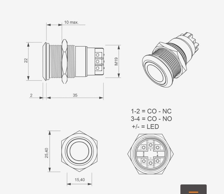 Bouton poussoir, Ø 19 mm halo rouge