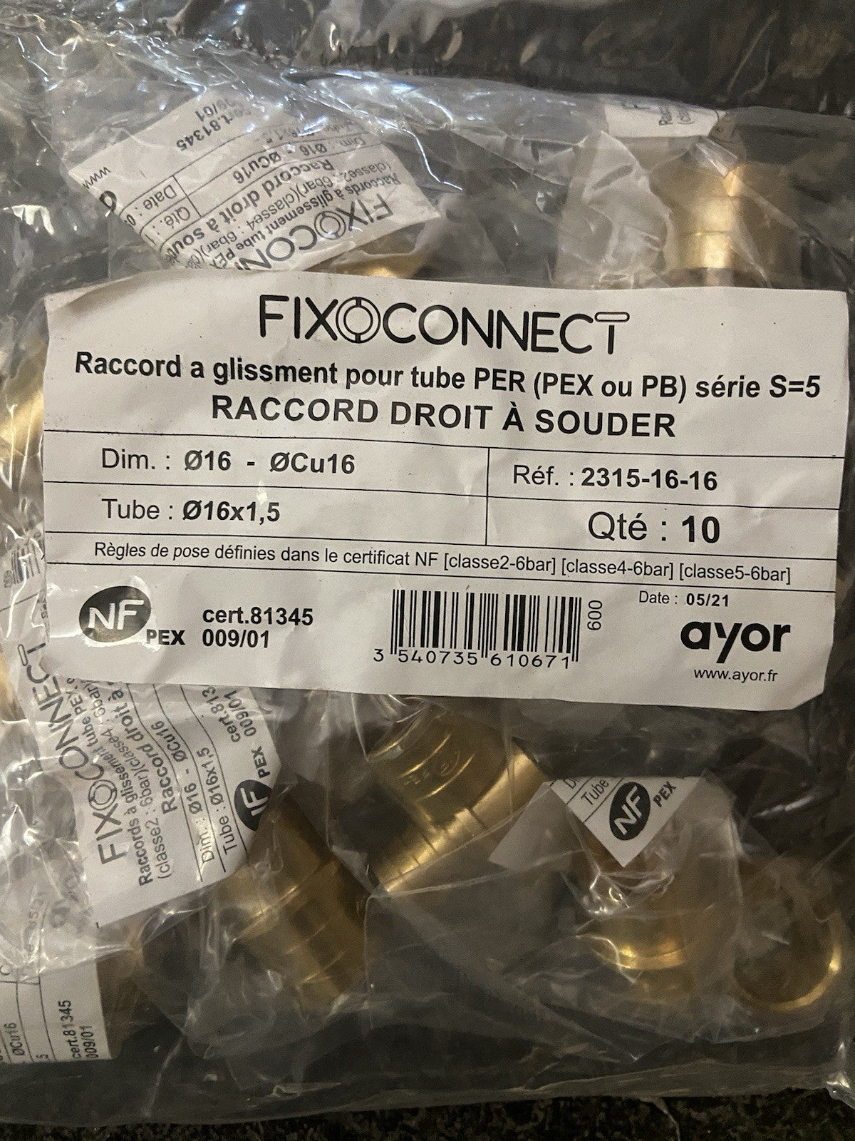 Lot De 10 Raccord droit à souder, à glissement pour tube PER