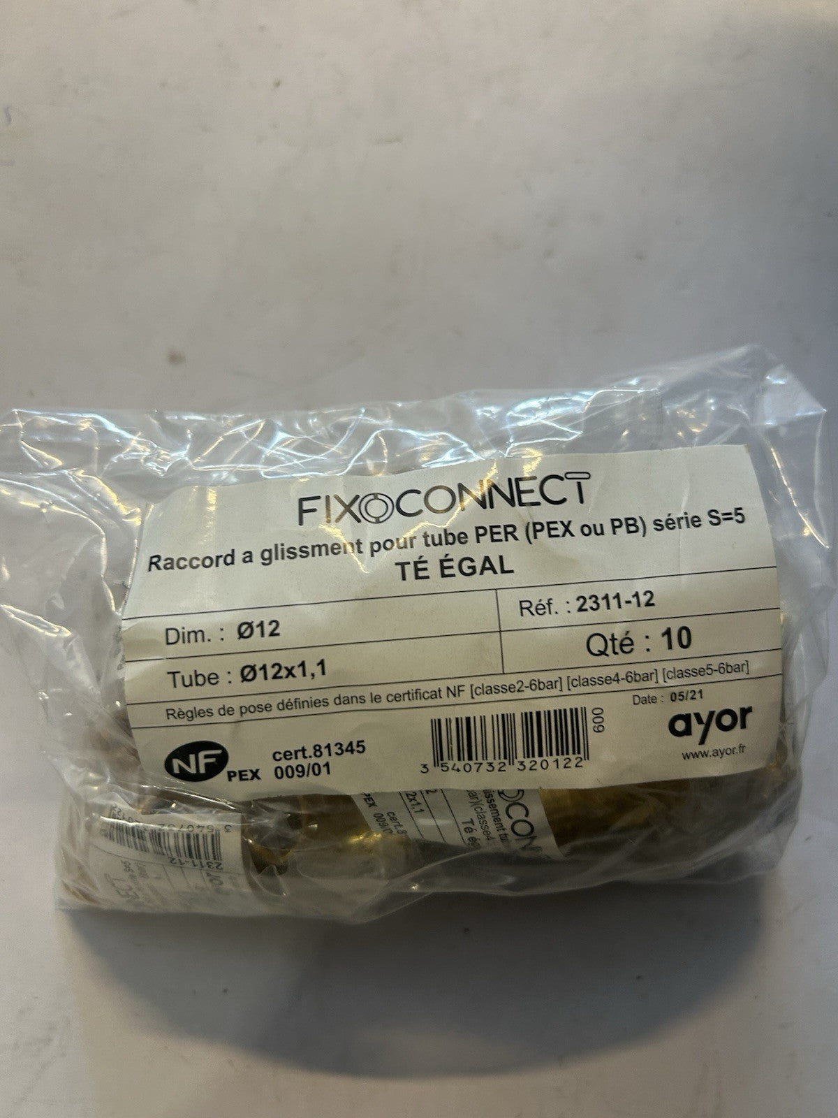 10 Raccord Pour tubes PER, pression max 10 bars, certifié NF