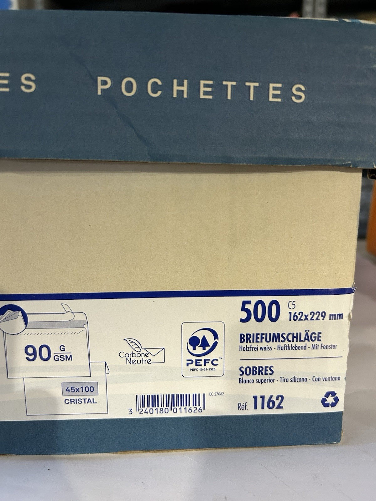 Enveloppe vélin, format c5, 229 x 162 mm, avec fenêtre