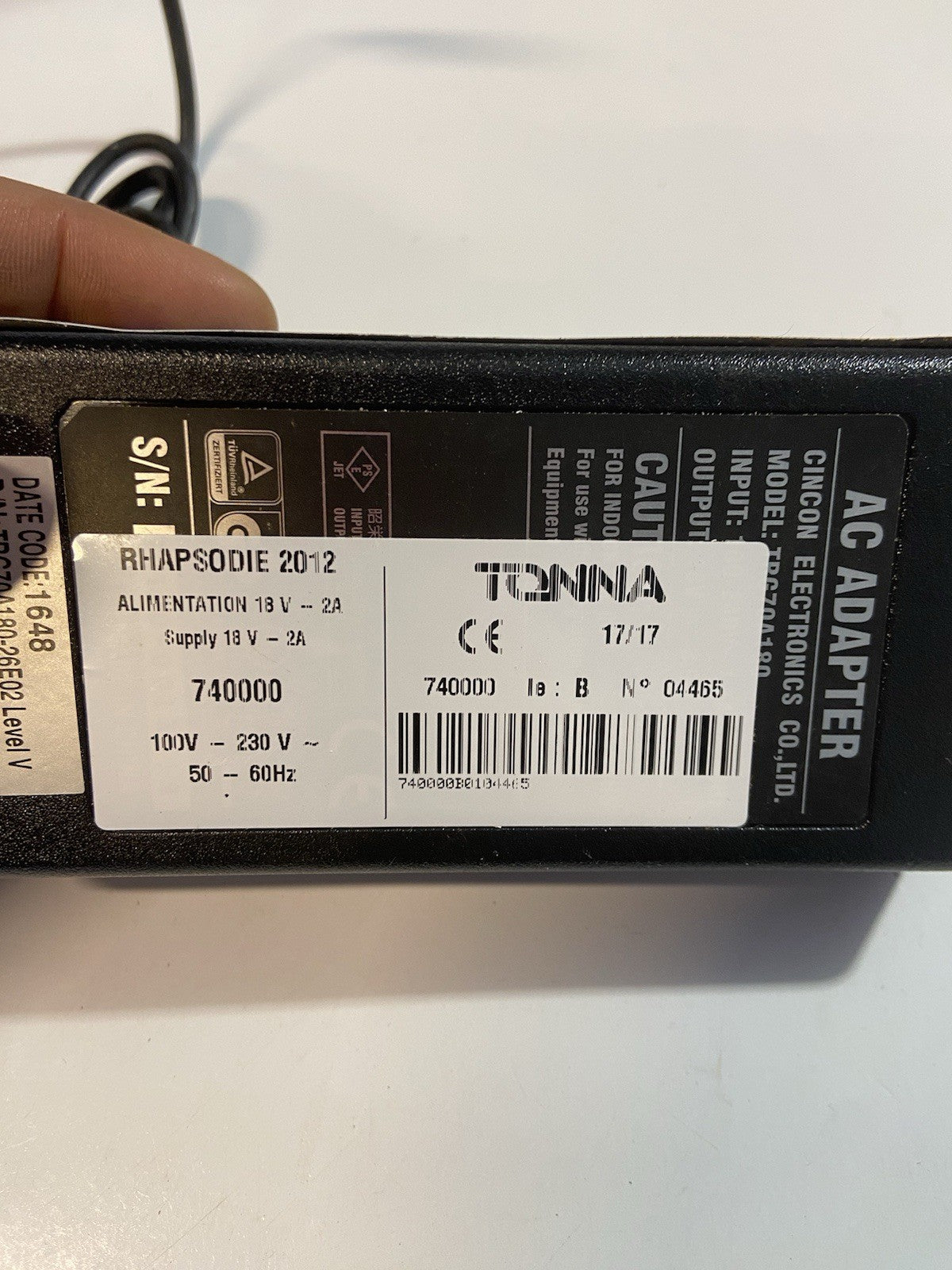 ALIMENTATION 18V 2A POUR AMPLI TONNA RHAPSODIE - FICHE JACK 2,5 - 740000