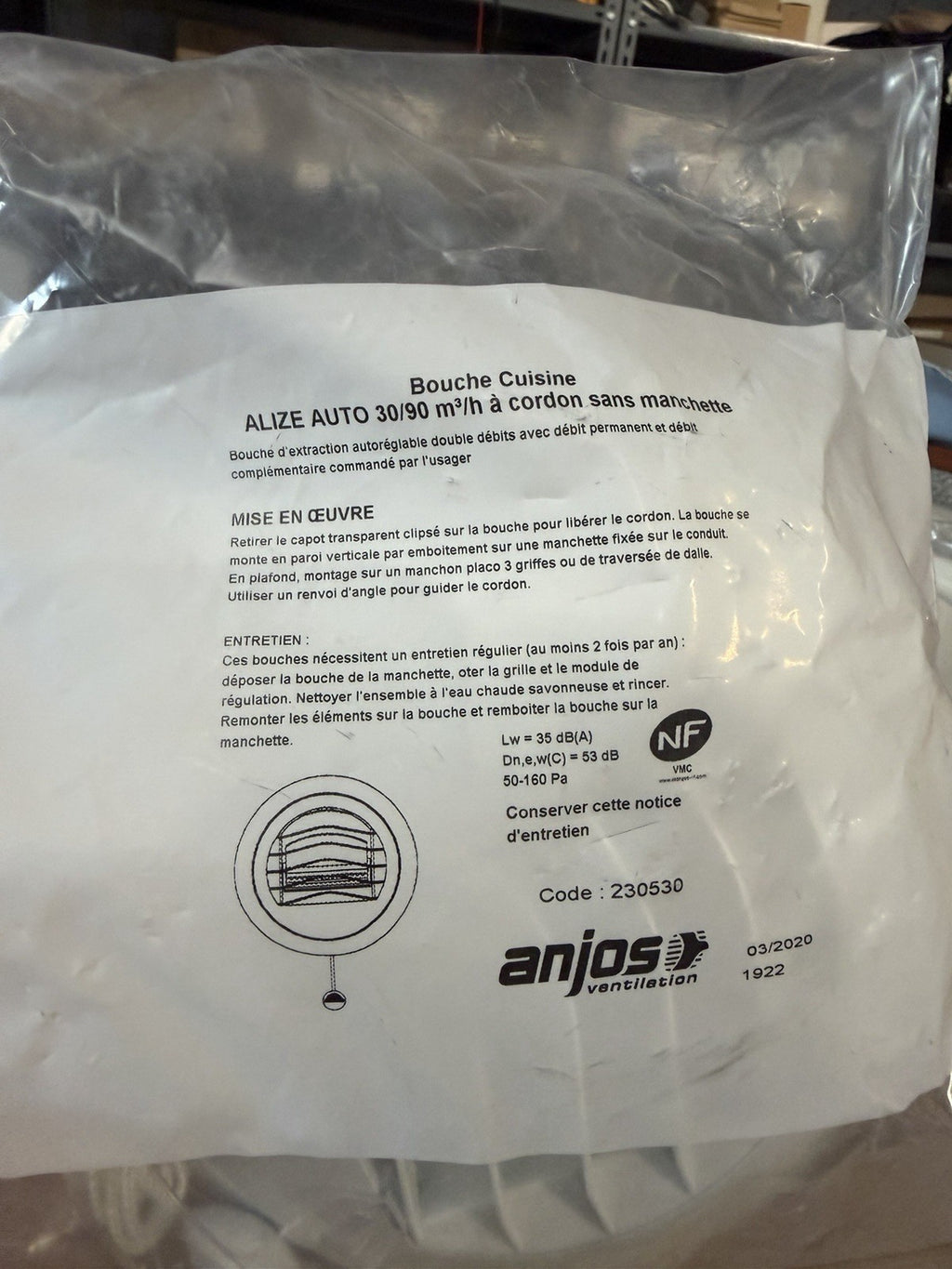 Anjos - Bouche d'extraction Cuisine 30/90 m³/h