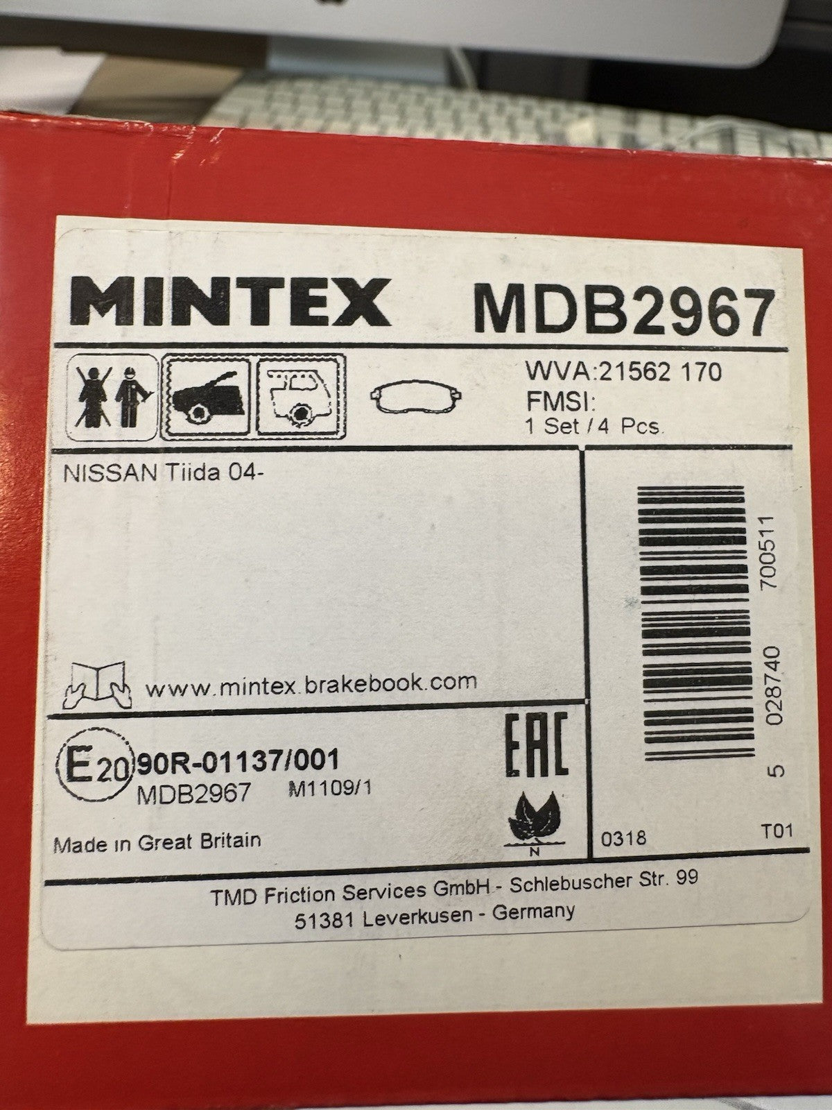 Plaquette De Frein Avant mintex mdb2967 nissan tiida 04