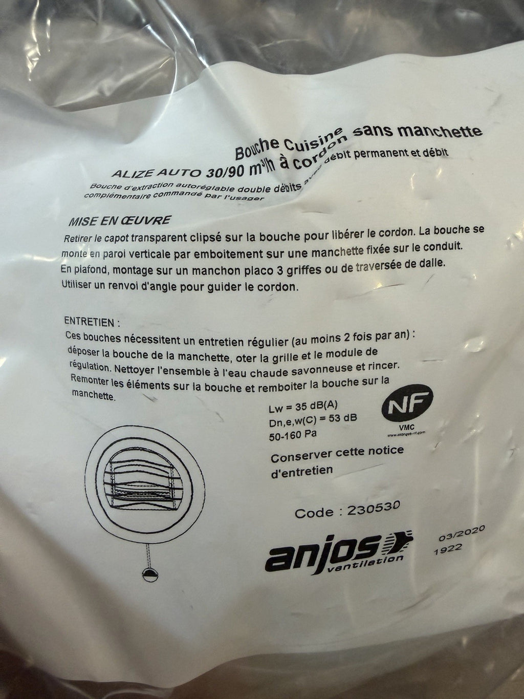 Anjos - Bouche d'extraction Cuisine 30/90 m³/h