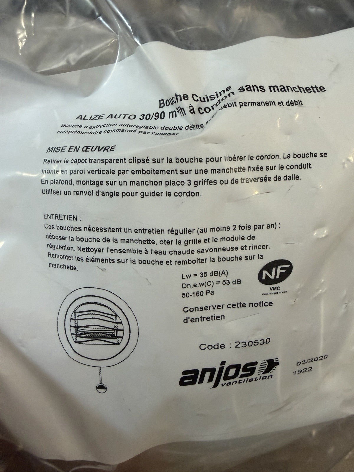 Anjos - Bouche d'extraction Cuisine 30/90 m³/h